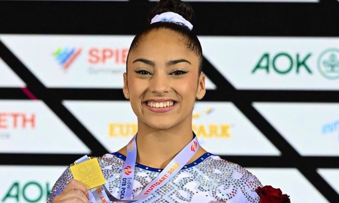 Alemanha. 19-03-2023 A brasileira Júlia Soares conquistou a medalha de ouro no DTB-Pokal, tradicional evento de ginástica artística, realizado em Sttutgart (Alemanha) Foto: Divulgação