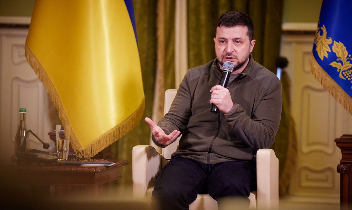 Ukrainian President Volodymyr Zelenskiy speaks during a news conference for foreign media in Kyiv, Ukraine March 12, 2022. Ukrainian Presidential Press Service/Handout via REUTERS ATTENTION EDITORS - THIS IMAGE HAS BEEN SUPPLIED BY A THIRD PARTY.