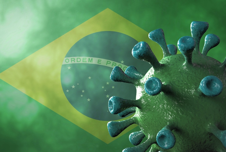 Covid brazil variant, covid-19 virus with brazilian flag.